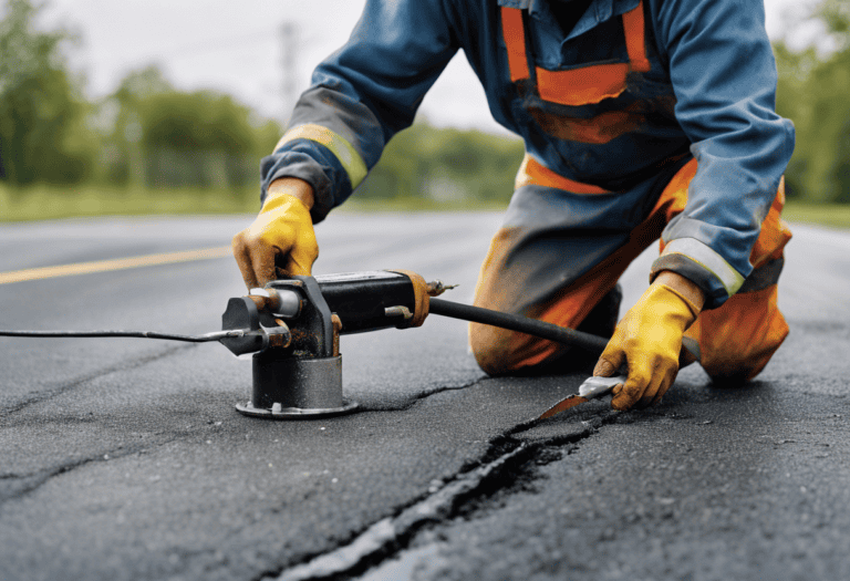 A road worker wearing protective gloves and a high-visibility jacket uses a machine to seal a crack on an asphalt road.
