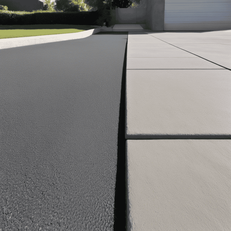 Close-up of a neatly paved driveway with an adjacent concrete walkway in front of a residential garage. The edges of the walkway and driveway are clean and well-maintained.