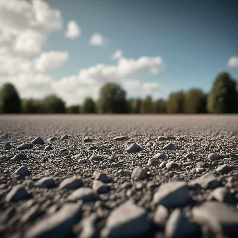 Close-up view of a gravel path, with scattered rocks in the foreground and a soft-focus background of trees and a partly cloudy sky.